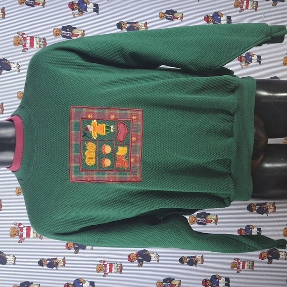 Vintage embroidered textured double collar dark green & burgundy LG sweatshirt - Picture 2 of 5